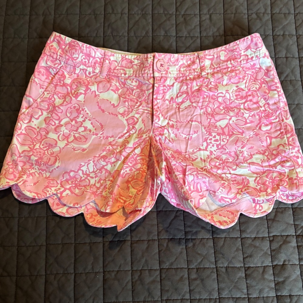 Lilly Pulitzer Shes A Fox Print Floral Buttercup Scalloped Hem Shorts Womens 4